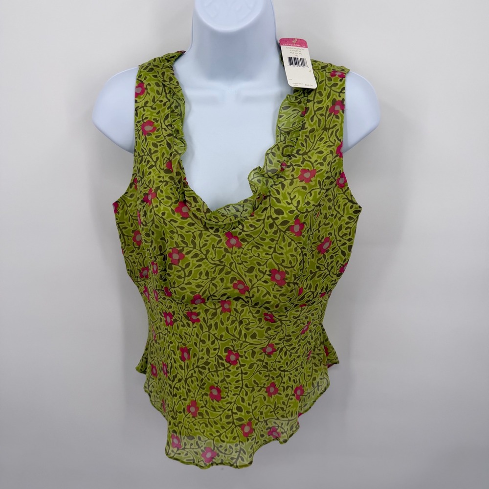Sigrid Olsen 4 Top Shirt Lime‎ Green Pink Jungle Blossom Floral Ruffle NWT
